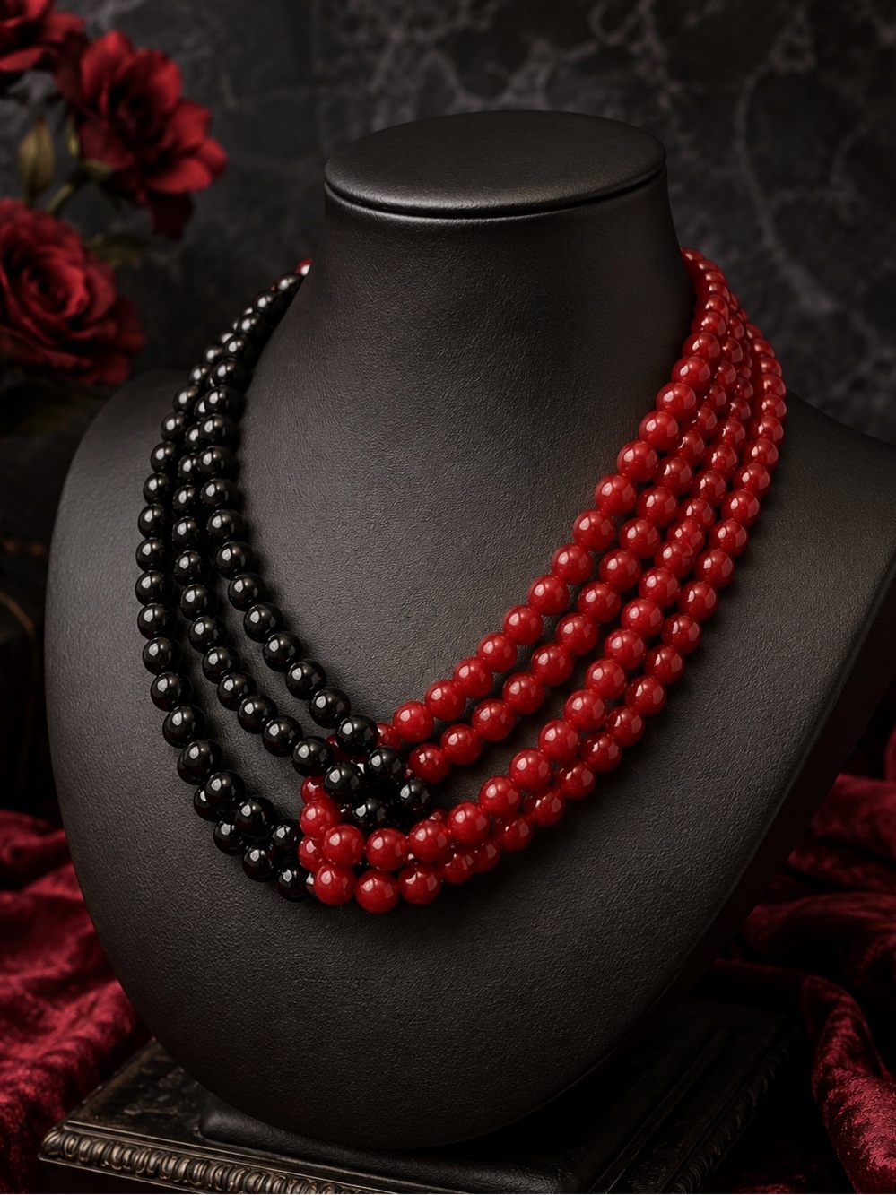 Five-Strand Red and Black Beaded Necklace – Women Jewelry New